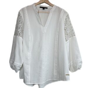 Plus 1X Marc New York White Blouse Lace Ballon Sleeves Loose Fit Linen Beach Top